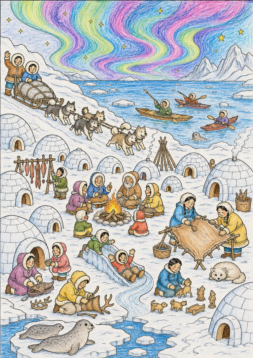 Inuit-Dorf im Winter – großes Wimmelbild