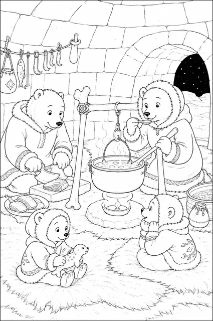Inuit-Familie kocht Walrusfleisch im Iglu