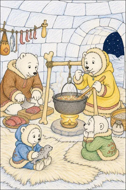 Ausmalbild: Inuit-Familie sitzt gemeinsam im warmen Iglu und kocht über der Öllampe, Kinder beobachten