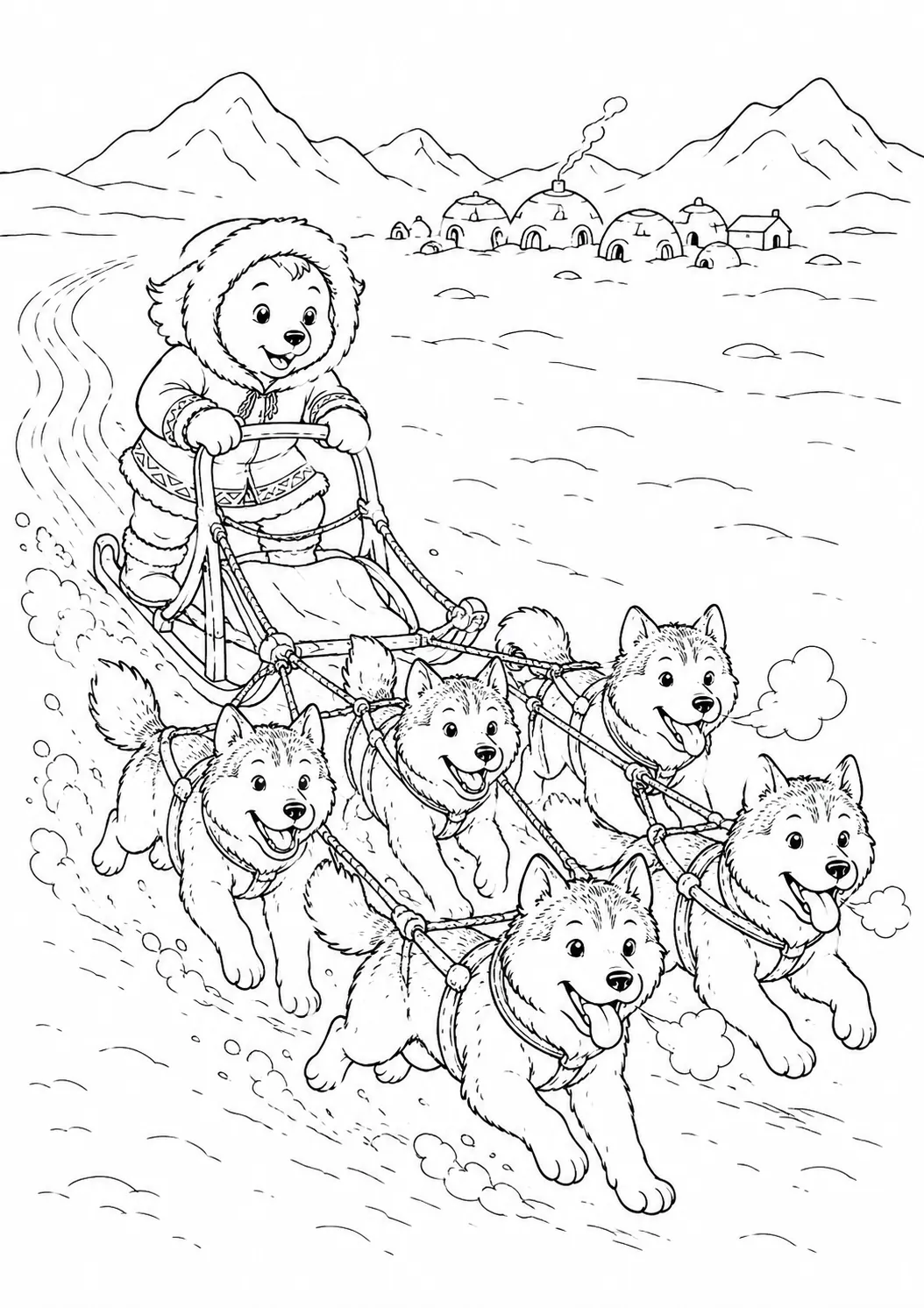 涂色页：穿皮草派克大衣的因纽特男孩站着驾驶六只哈士奇拉的雪橇
