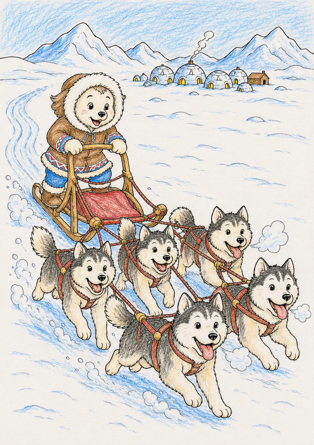 因纽特男孩驾驶狗拉雪橇穿越冻原