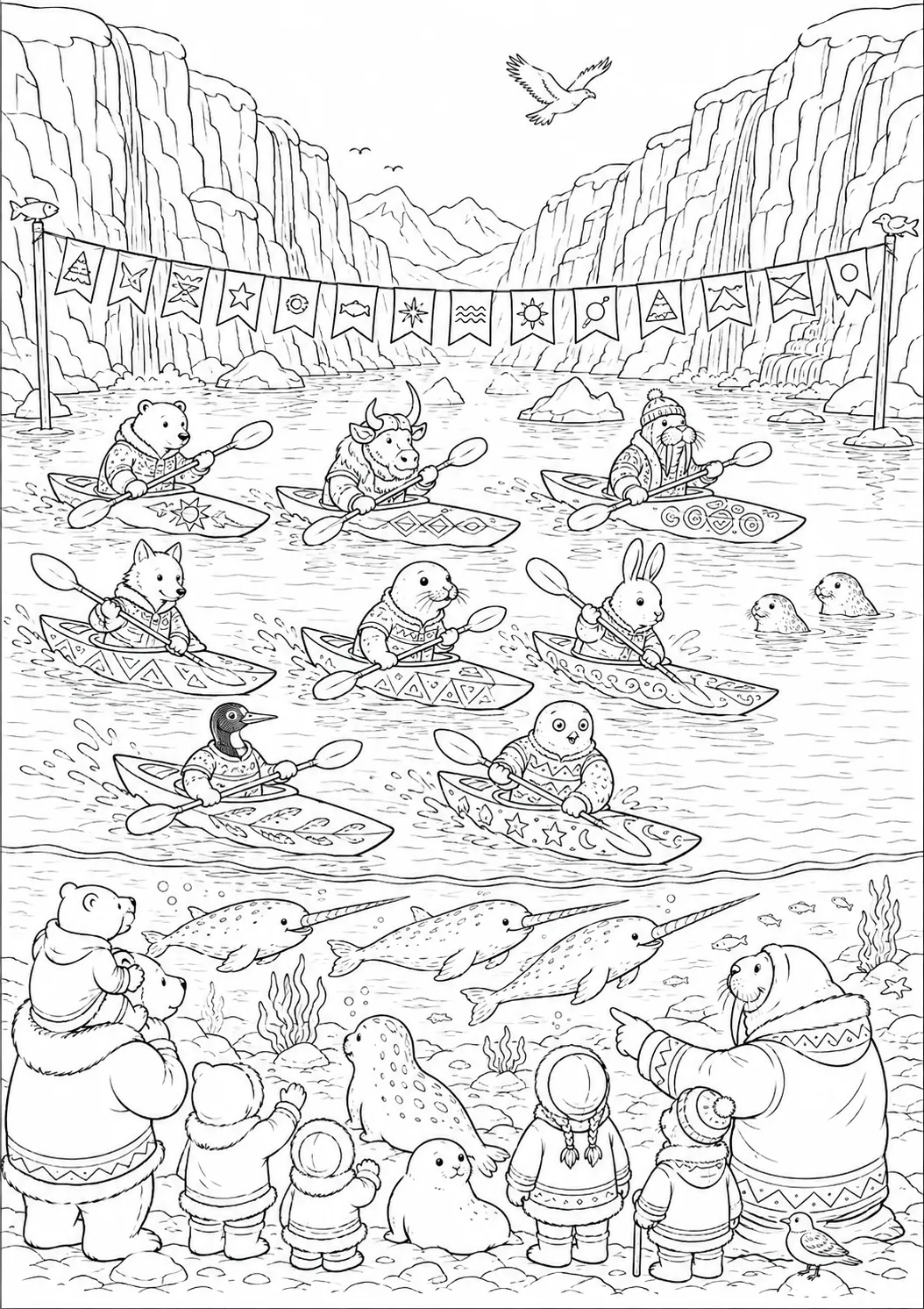 涂色页：八艘因纽特皮划艇在大赛中穿越镜面平滑的北极峡湾竞速