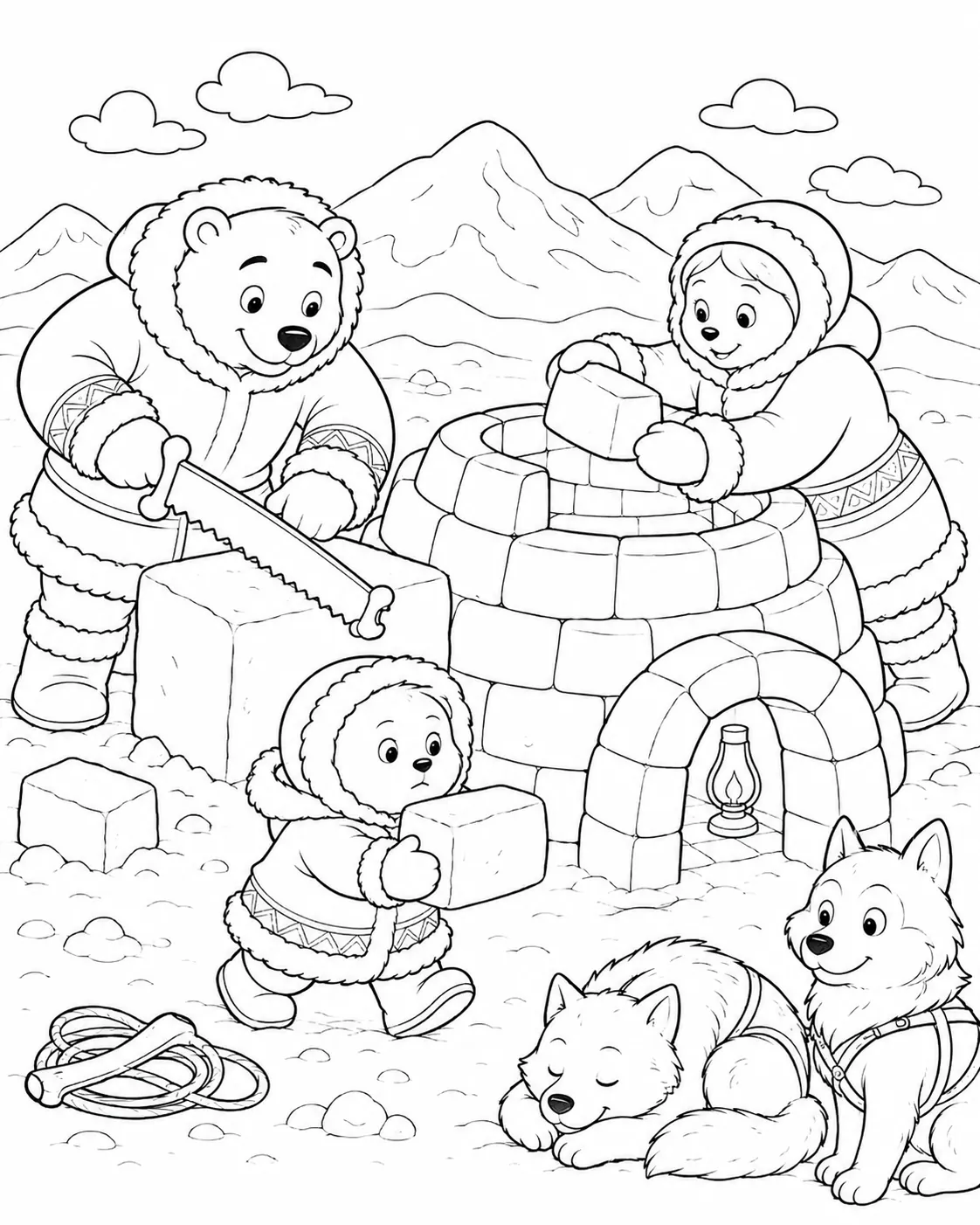 Ausmalbild: Inuit-Familie in Pelzkleidung baut gemeinsam ein Iglu – Kind trägt kleinen Schneeblock zum Bau