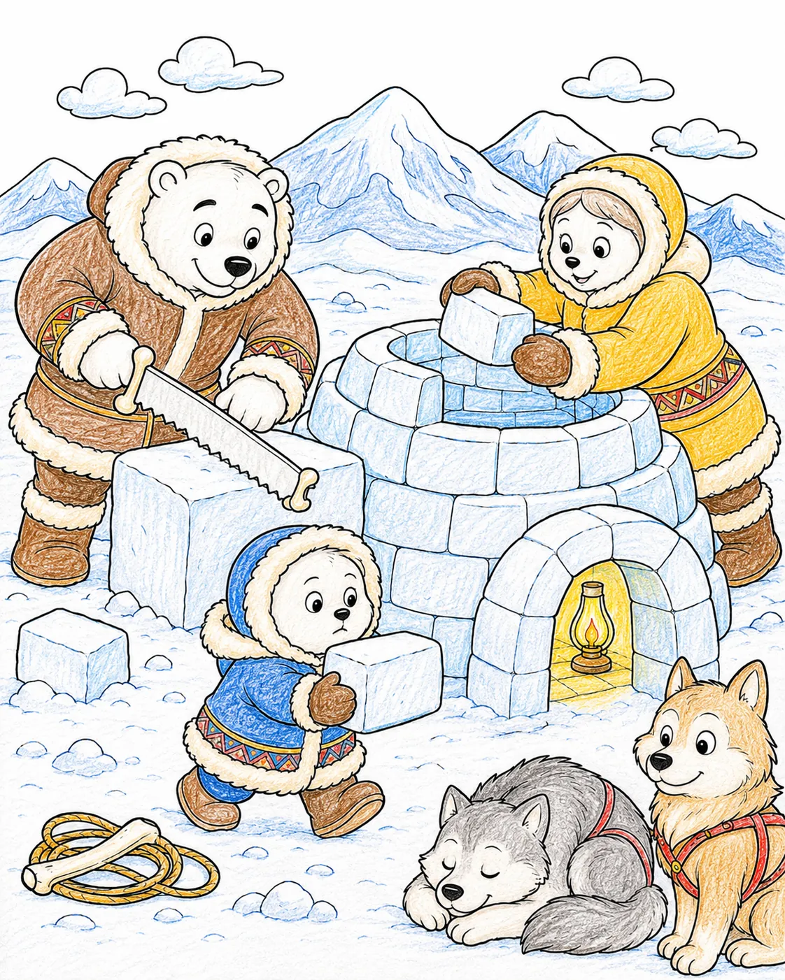 Inuit-Kind baut Iglu mit seinen Eltern