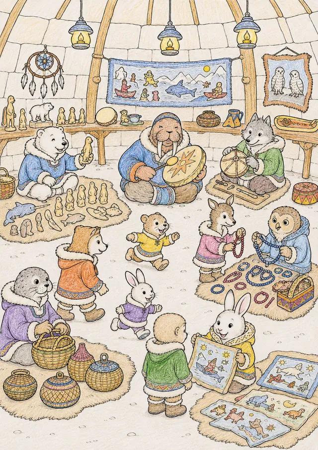 Ausmalbild: Inuit-Gemeinschaftshaus-Innenraum mit Handwerk-Ausstellung und vielen Tier-Charakteren