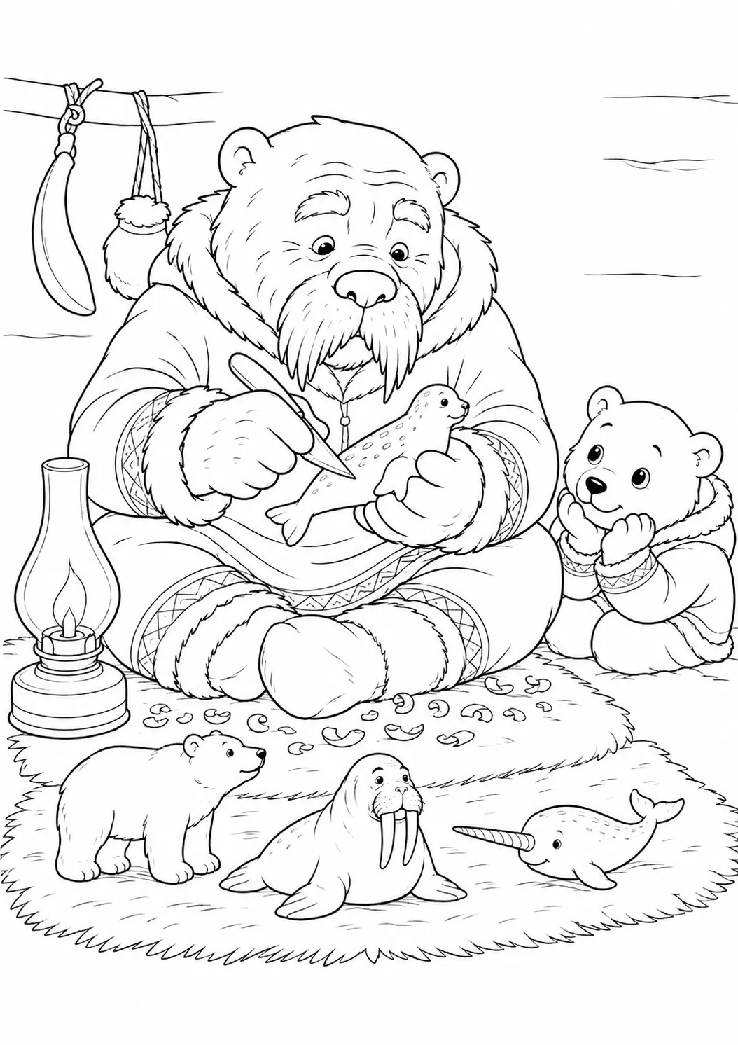 Ausmalbild: Alter Inuit-Ältester schnitzt mit erfahrenen Händen eine kleine Elfenbein-Tierfigur