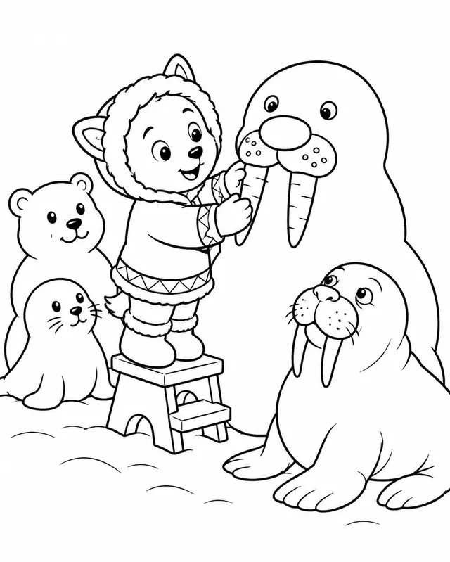 孩子建造一个海象脸雪人