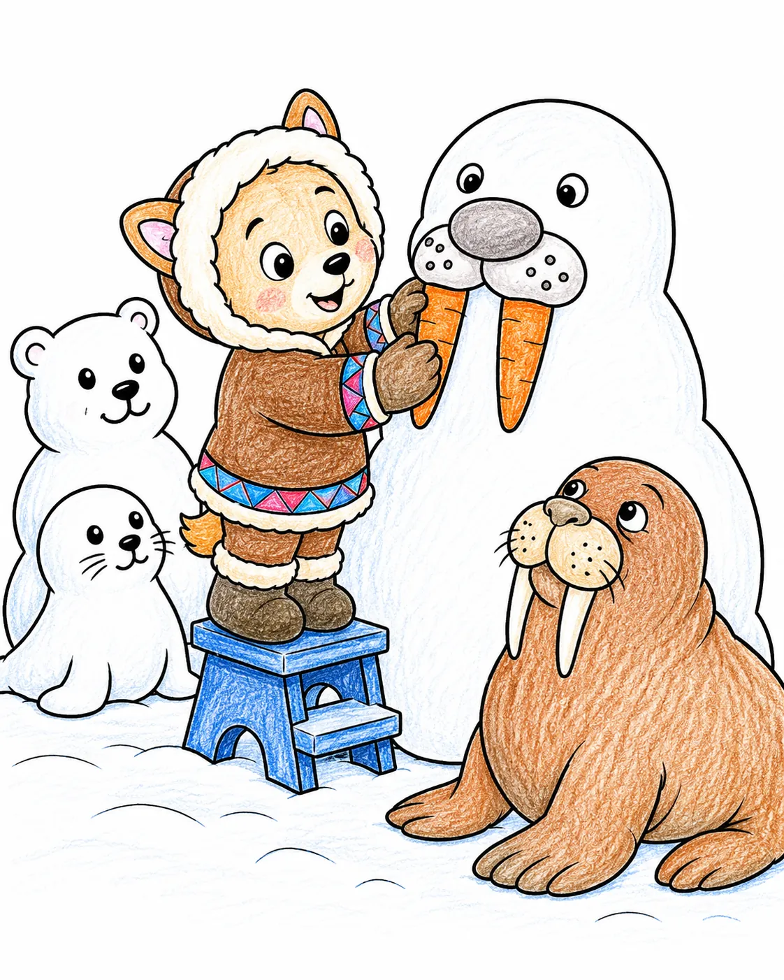 Kind baut Schneemann mit Walrossgesicht