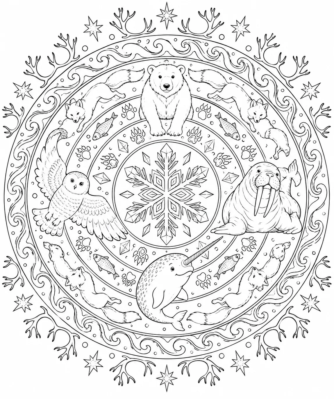 Ausmalbild: Rundes Arktis-Mandala mit vier arktischen Tieren als Hauptmotive und Schneekristallen