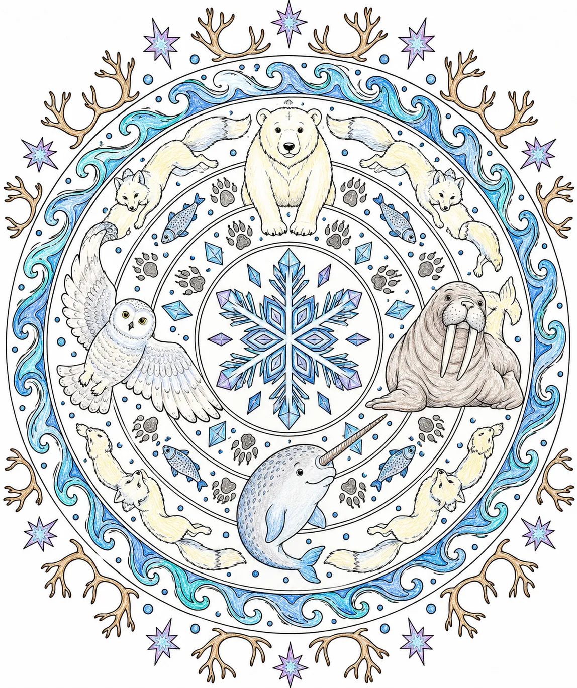 Arktis-Mandala mit arktischen Tier-Motiven
