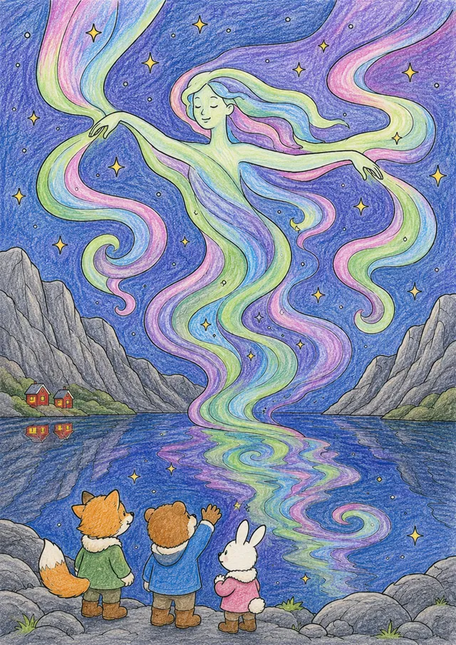 涂色页：发光的北极光精灵在黑暗的峡湾上空起舞，峡湾反射着光线，动物孩子们在旁观看