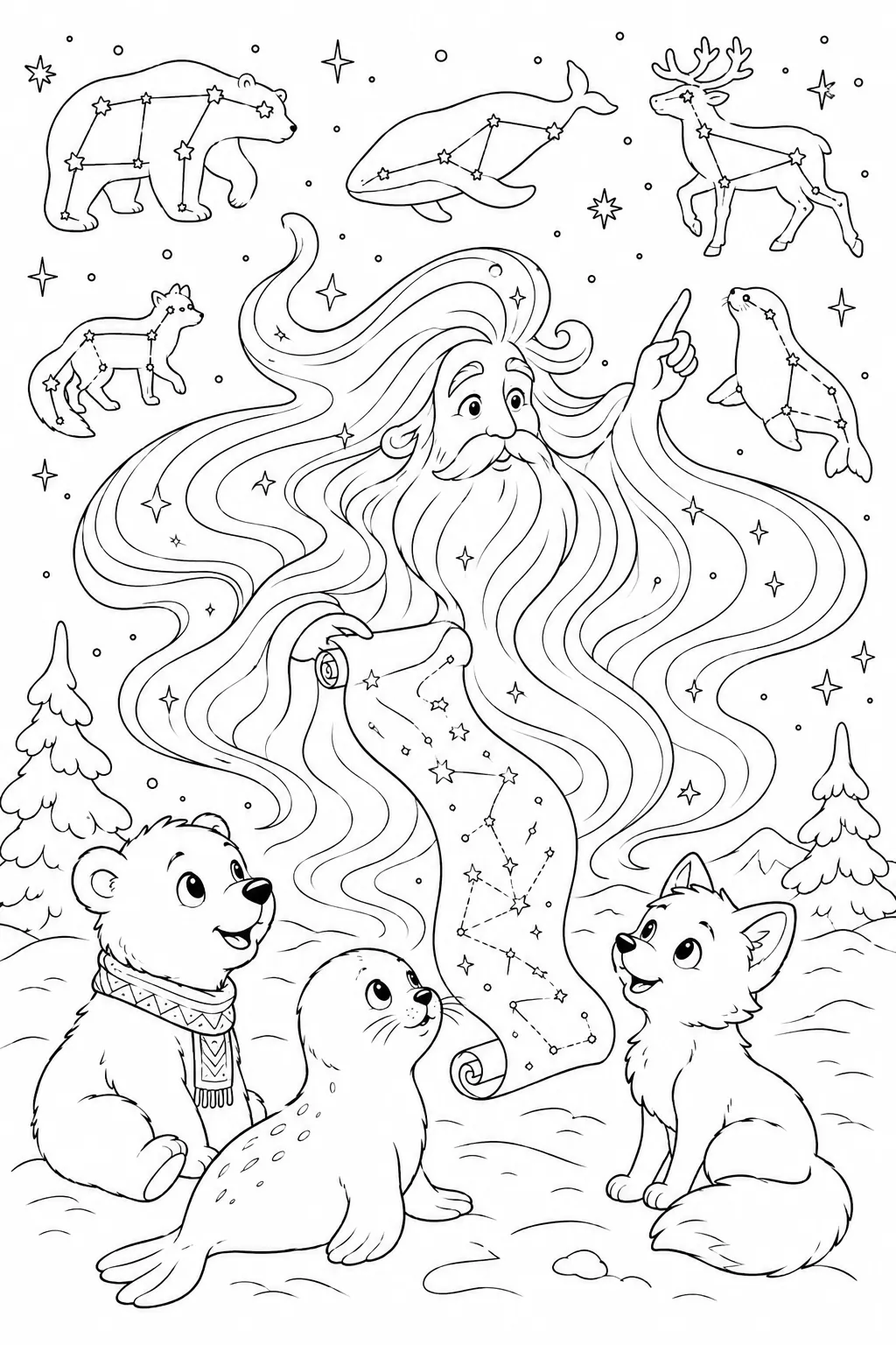 涂色页：发光的北极光精灵在雪地里向三个动物孩子展示星图