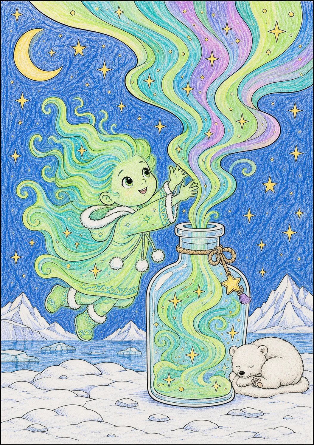Nordlicht-Kind sammelt Licht in einer Flasche