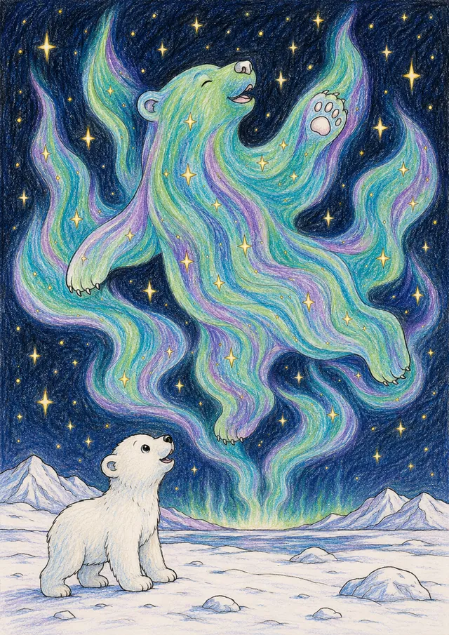 北极光之熊在星星之间起舞 – 涂色效果预览