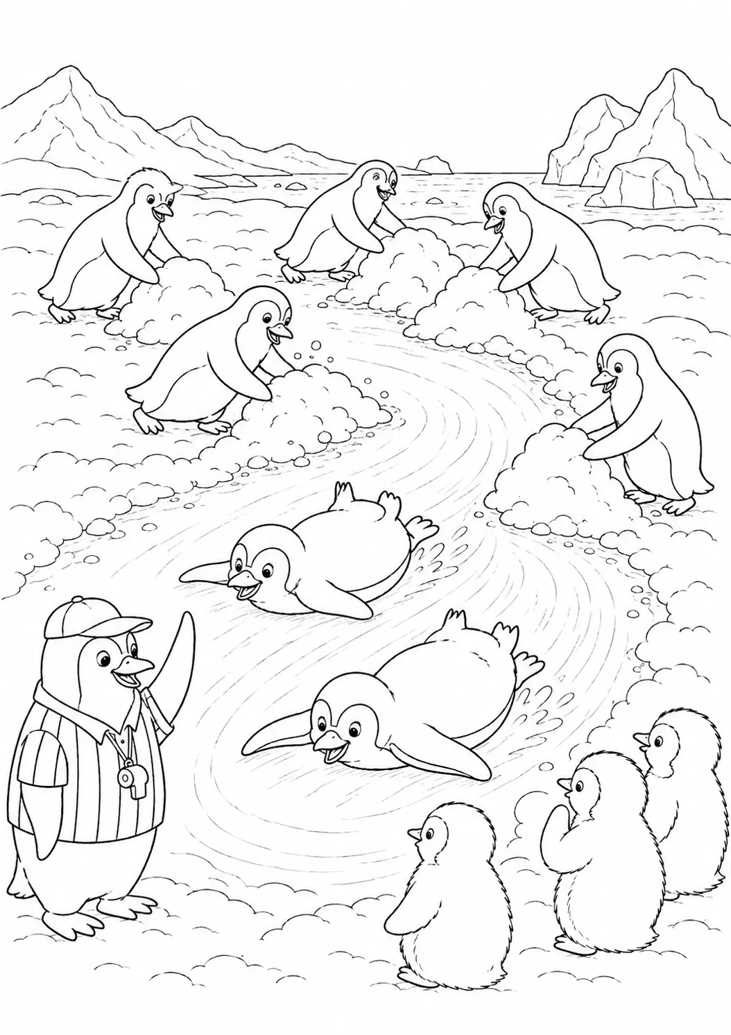 Ausmalbild: Pinguin-Kolonie räumt gemeinsam Schnee von einer Eisfläche, während andere Pinguine darauf rutschen