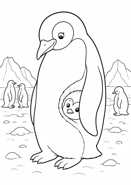 Pinguin-Küken versteckt sich unter Mamas Flügel
