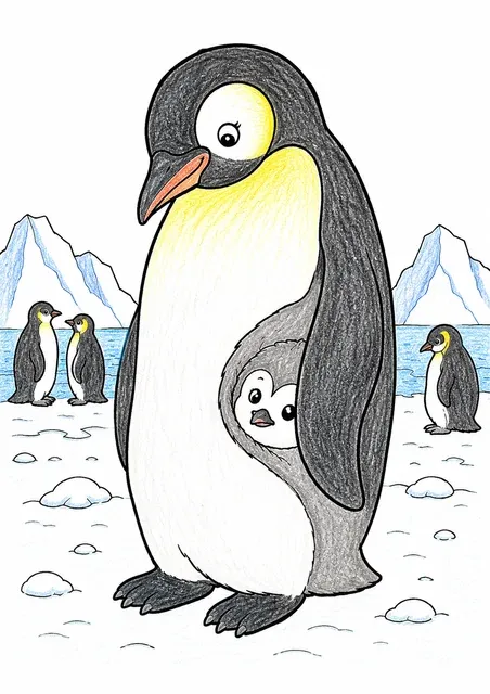 Ausmalbild: Pinguin-Küken schaut mit großen Augen neugierig unter dem Flügel seiner Mutter hervor