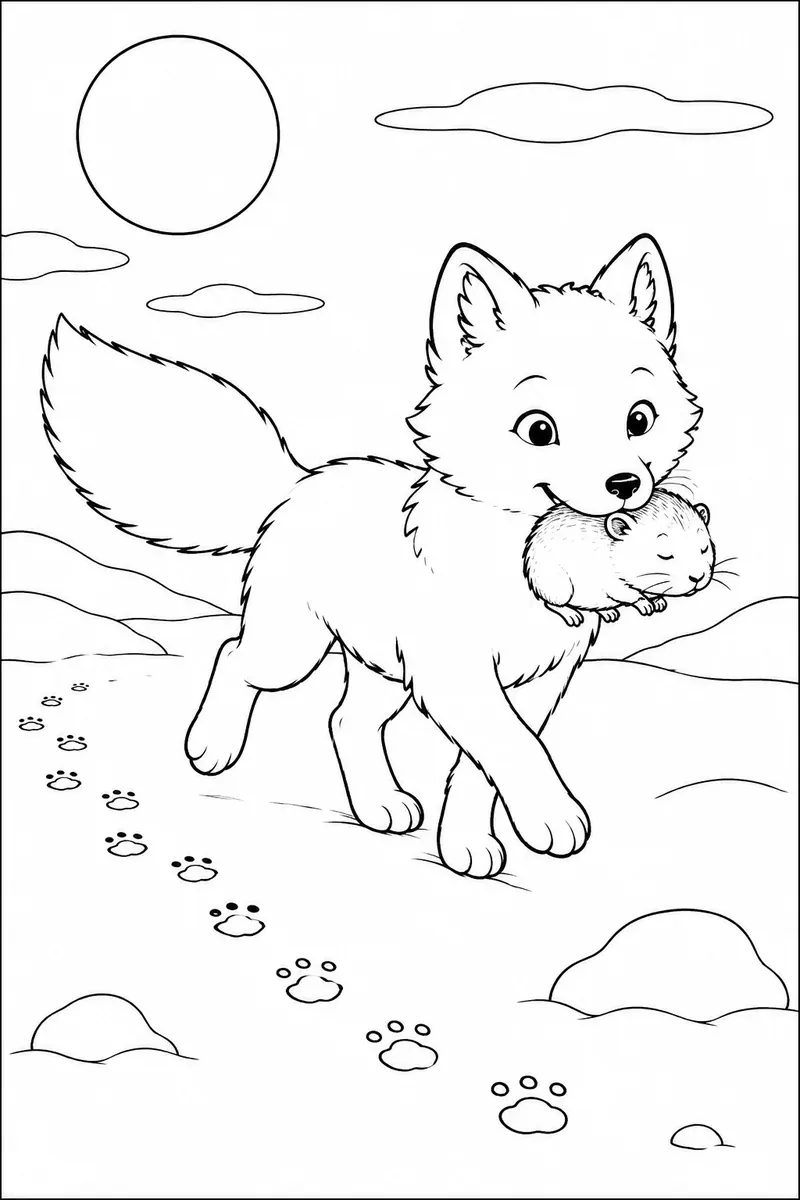 Ausmalbild: Weißer Polarfuchs trabt mit kleinem Lemming im Maul durch die Schneetundra