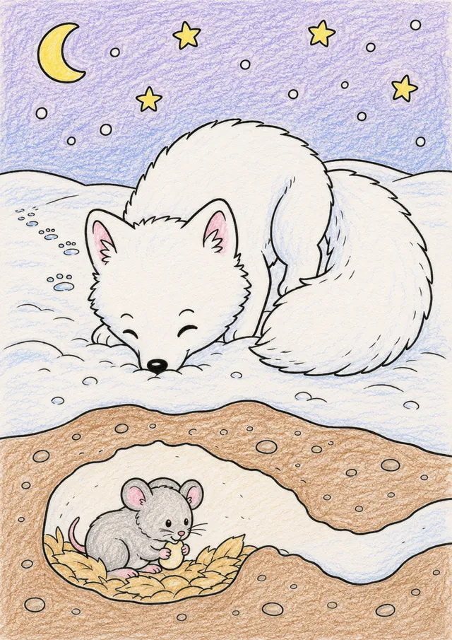 Ausmalbild: Weißer Polarfuchs drückt seine Nase in den Schnee und schnüffelt neugierig nach einer Maus darunter