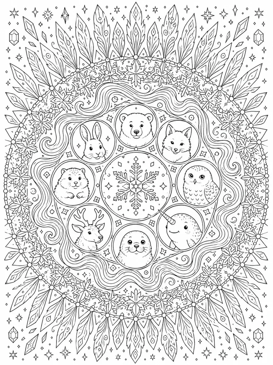 Ausmalbild: Detailliertes rundes Polarlicht-Mandala mit arktischen Tier-Medaillons und Schneekristall-Mustern
