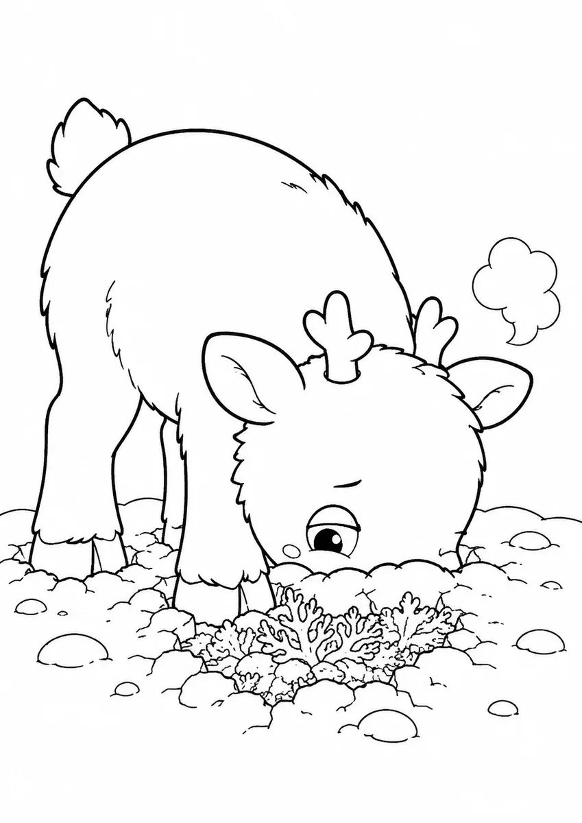 Ausmalbild: Kleines Rentier-Kalb gräbt Nase in den Schnee und lugt dabei mit einem Auge seitwärts