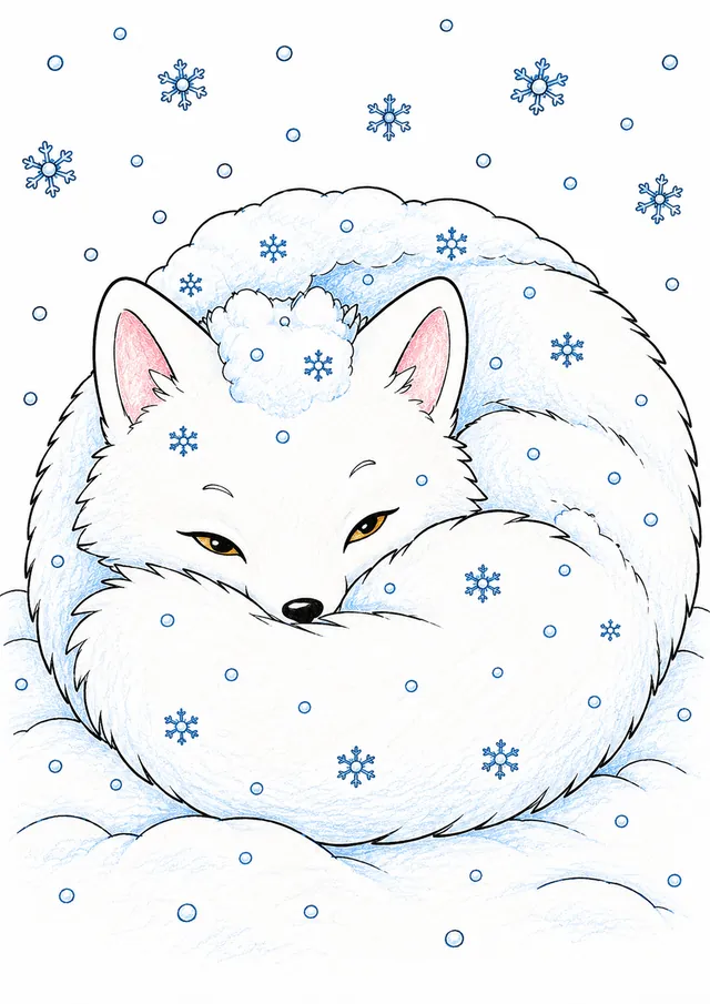 涂色页：白色北极狐在雪中蜷成一个完美的球，睡觉