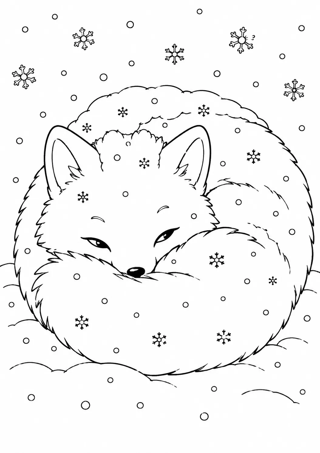 Ausmalbild: Weißer Polarfuchs liegt als perfekte Kugel eingerollt im Schnee und schläft
