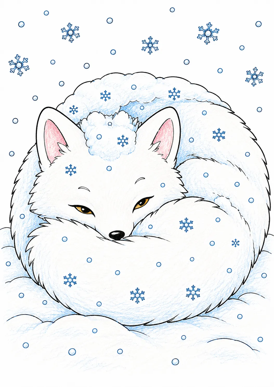 Schneefuchs liegt eingerollt im Schneegestöber