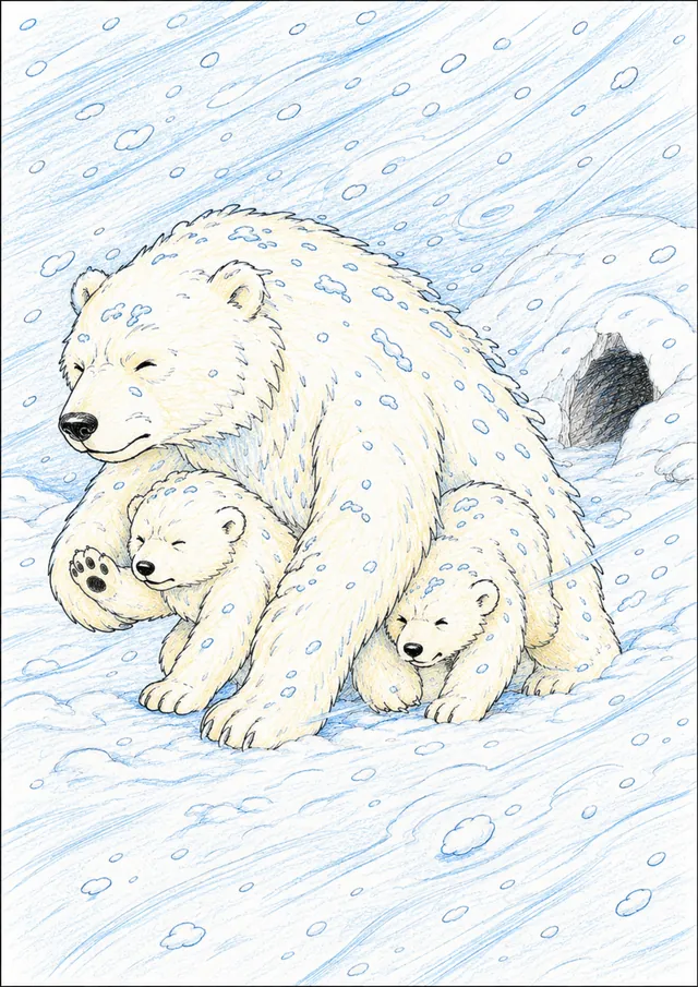 Ausmalbild: Eisbär-Mutter mit zwei Jungen kämpft durch Schneesturm auf der Suche nach Schutz