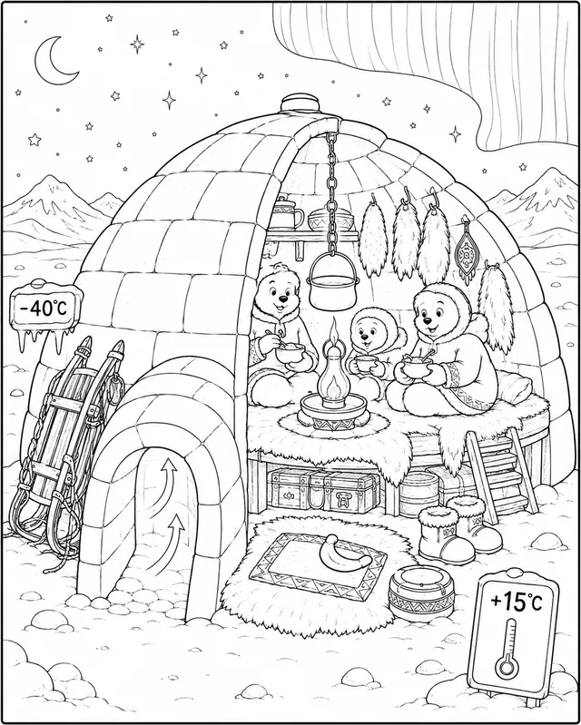 Arktis-Querschnitt: Iglu von außen und von innen