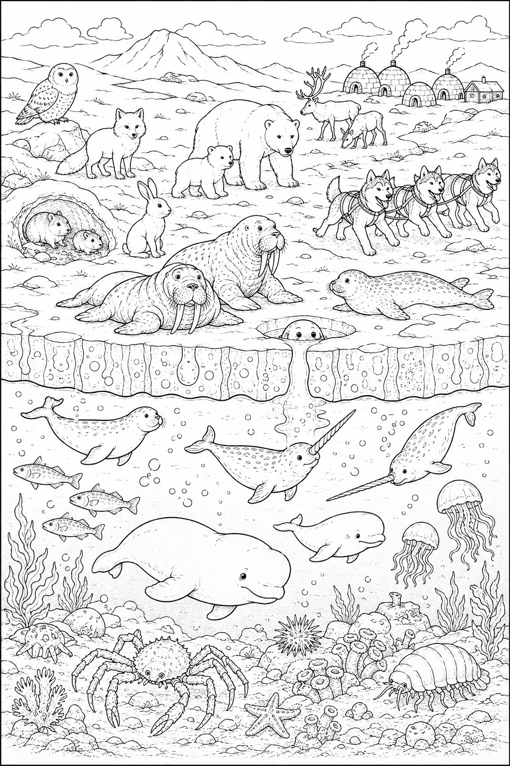Ausmalbild: Querschnitt zeigt arktische Tierwelt auf der Eisoberfläche sowie Meerestiere unter dem Eis