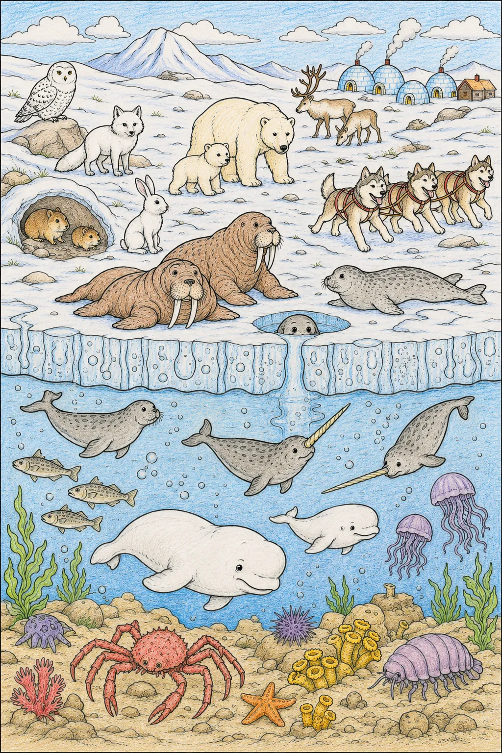 Arktische Tierwelt-Querschnitt: über und unter dem Eis