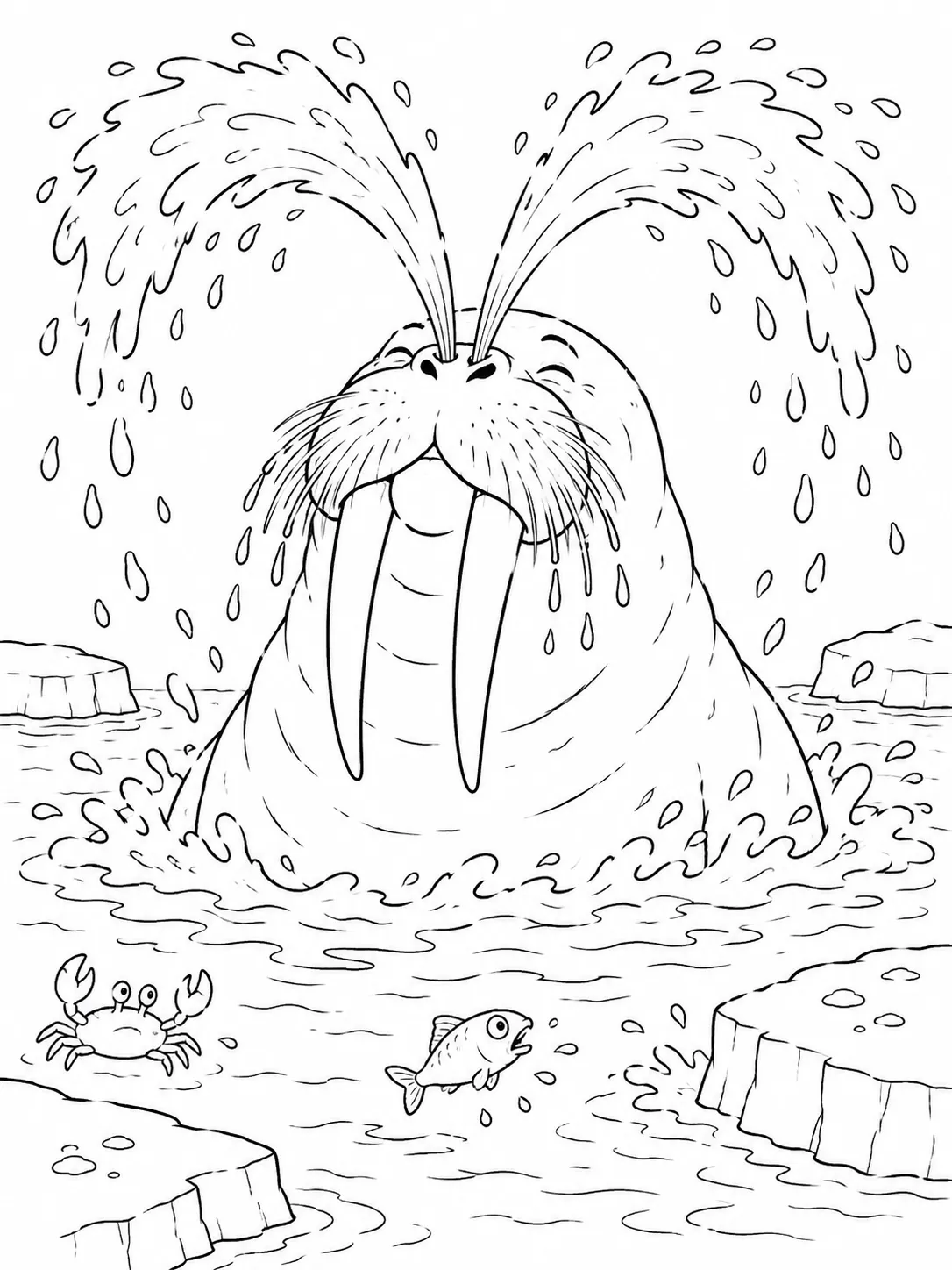 Ausmalbild: Großes Walross spritzt mit selbstgefälligem Ausdruck Wasser durch seine Nasenlöcher