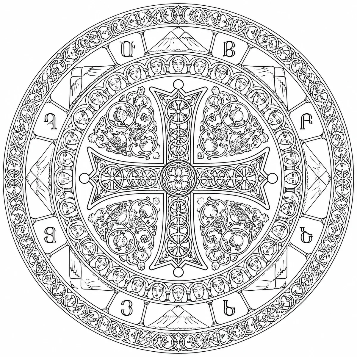 Symmetrisches armenisches Khachkar-Mandala mit Kreuz und Rankennetz, Ararat-Doppelgipfeln und armenischen Buchstaben