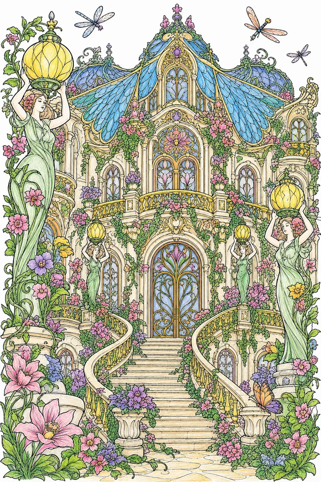 Ausmalseite eines Jugendstilpalastes mit lebendigen Rankenmotiven und Blüten an der Fassade