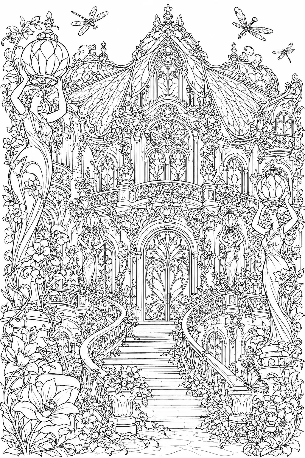 Coloring page of an Art Nouveau palace with living vine motifs and flowers on the facade