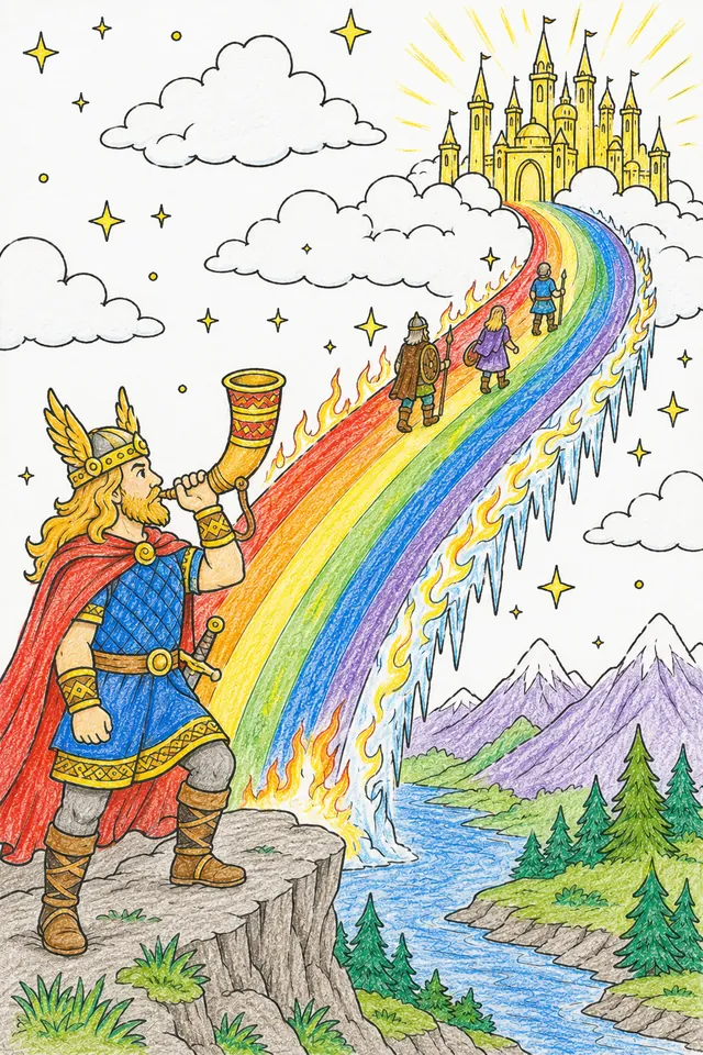 Ausmalbild: Die leuchtende Regenbogenbrücke Bifröst führt von der Erde hinauf nach Asgard