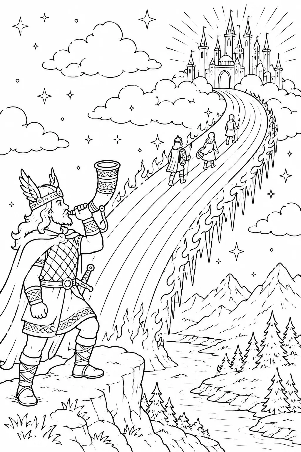 Ausmalbild: Die leuchtende Regenbogenbrücke Bifröst führt von der Erde hinauf nach Asgard