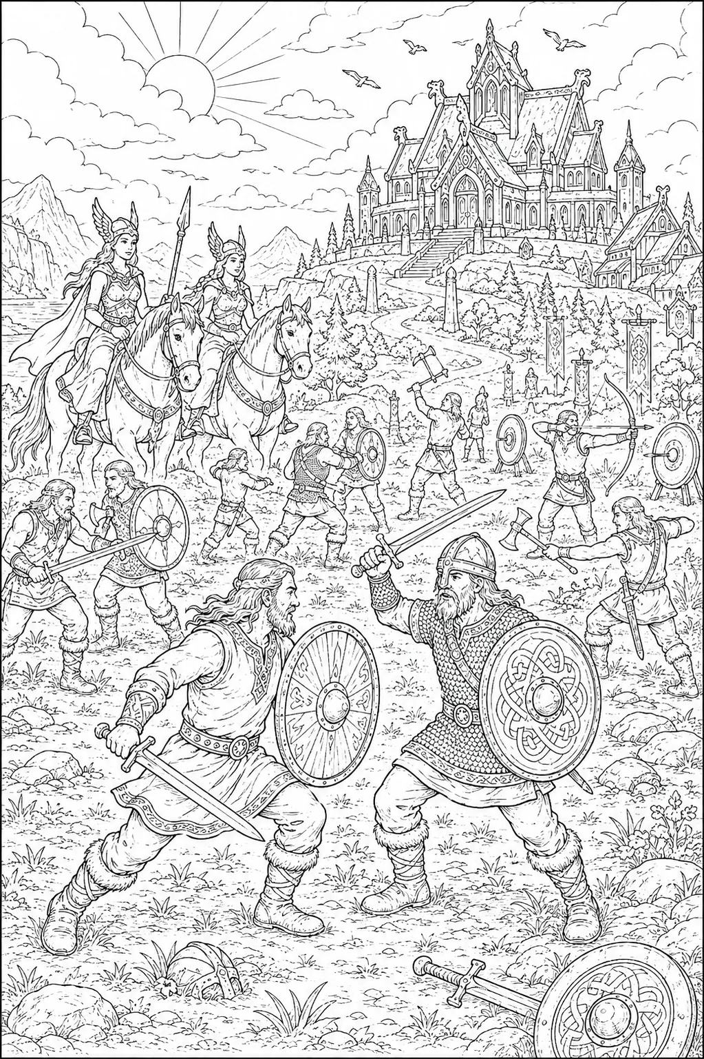 Ausmalbild: Die Einherjar-Krieger kämpfen und trainieren vor den goldenen Hallen Valhallas