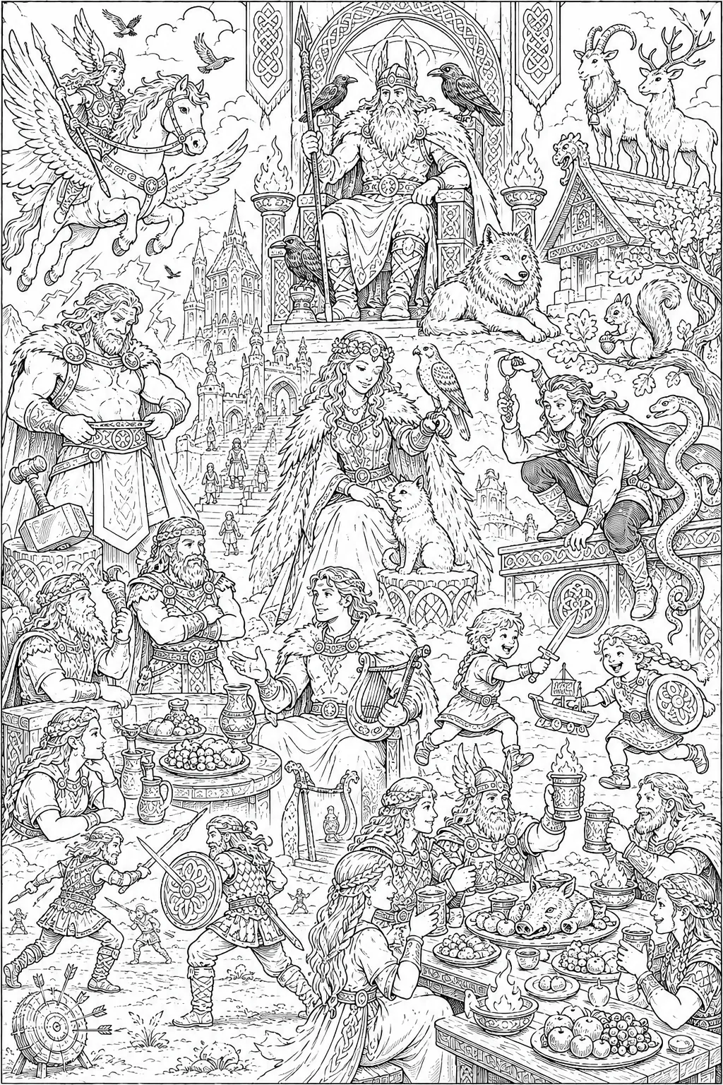 Ausmalbild: Kreisförmiges Asgard-Mandala mit nordischen Göttern, Runen und keltischem Flechtwerk