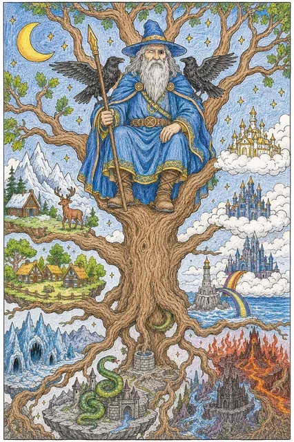 Ausmalbild: Odin sitzt mit Huginn und Muninn auf dem Ast des Weltenbaums Yggdrasil