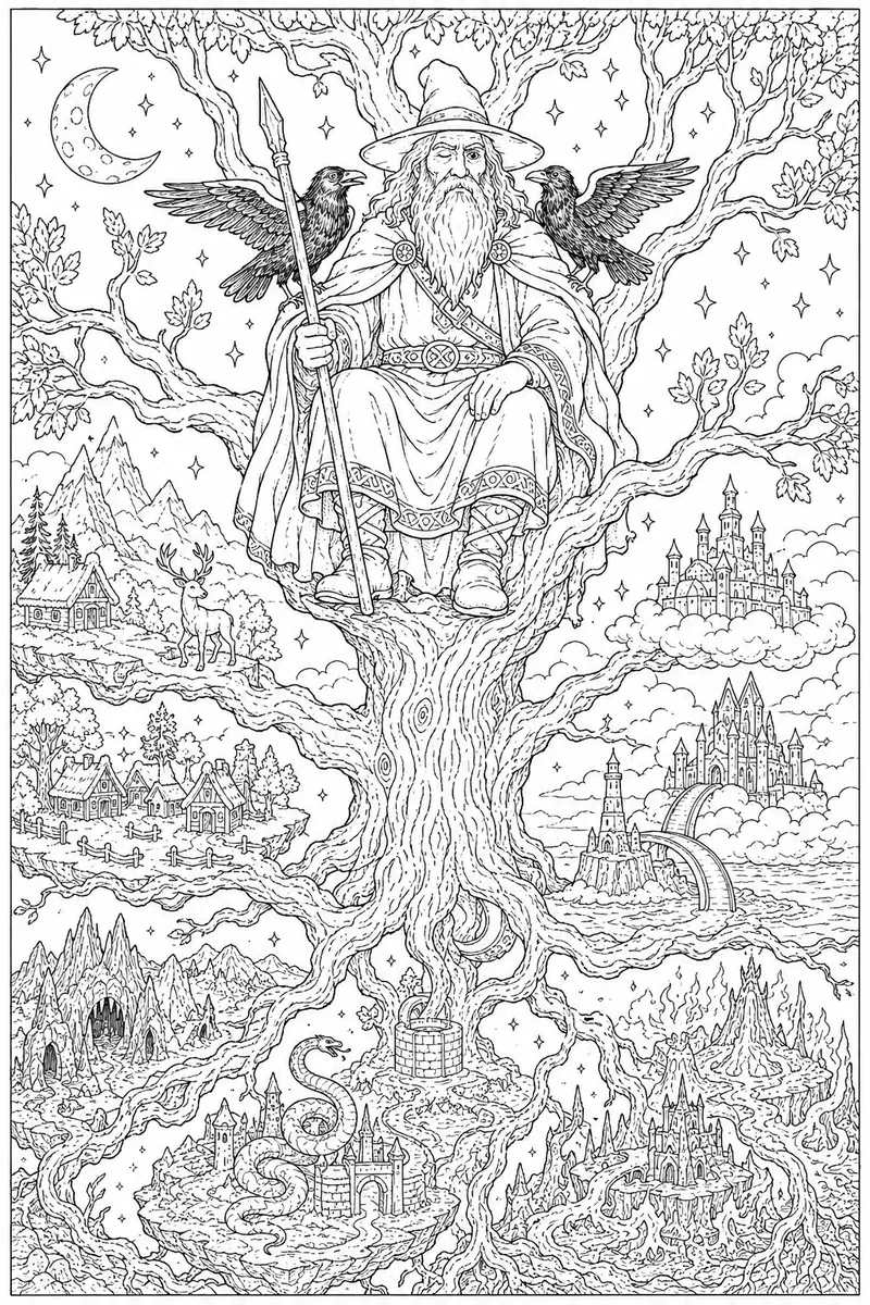 Ausmalbild: Odin sitzt mit Huginn und Muninn auf dem Ast des Weltenbaums Yggdrasil
