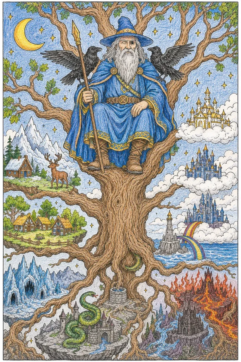 Odin auf dem Weltenbaum mit seinen Raben Huginn und Muninn, die die Welt erkunden