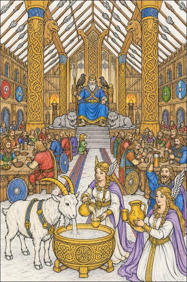 Ausmalbild: Odins goldener Valhalla-Festsaal mit Kriegern an Tischen und dem Thron im Hintergrund