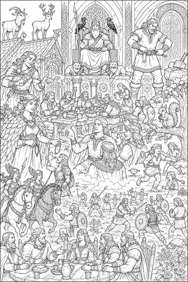 Valhalla-Wimmelbild: Das Götterleben in Odins Hallen – alle Figuren und Szenen