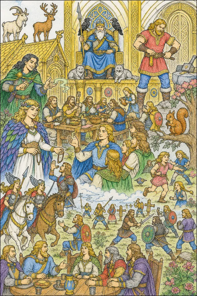 Ausmalbild: Detailliertes Wimmelbild von Valhalla mit Göttern, Kriegern und Szenen aus Asgard