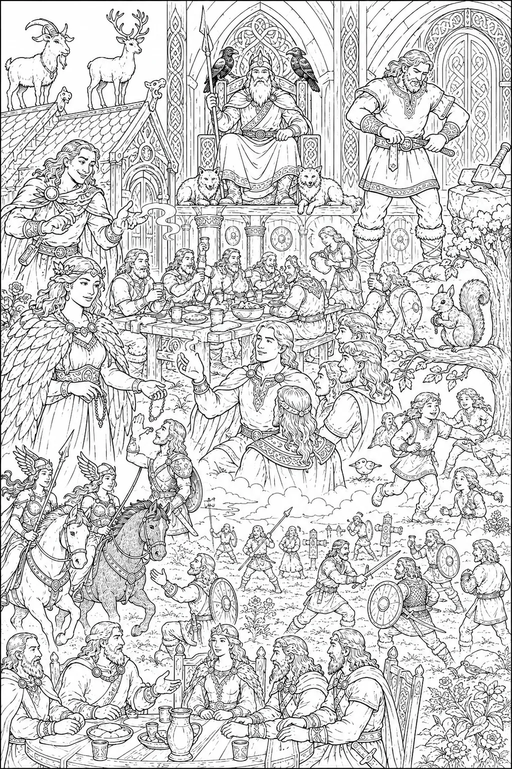 Ausmalbild: Detailliertes Wimmelbild von Valhalla mit Göttern, Kriegern und Szenen aus Asgard
