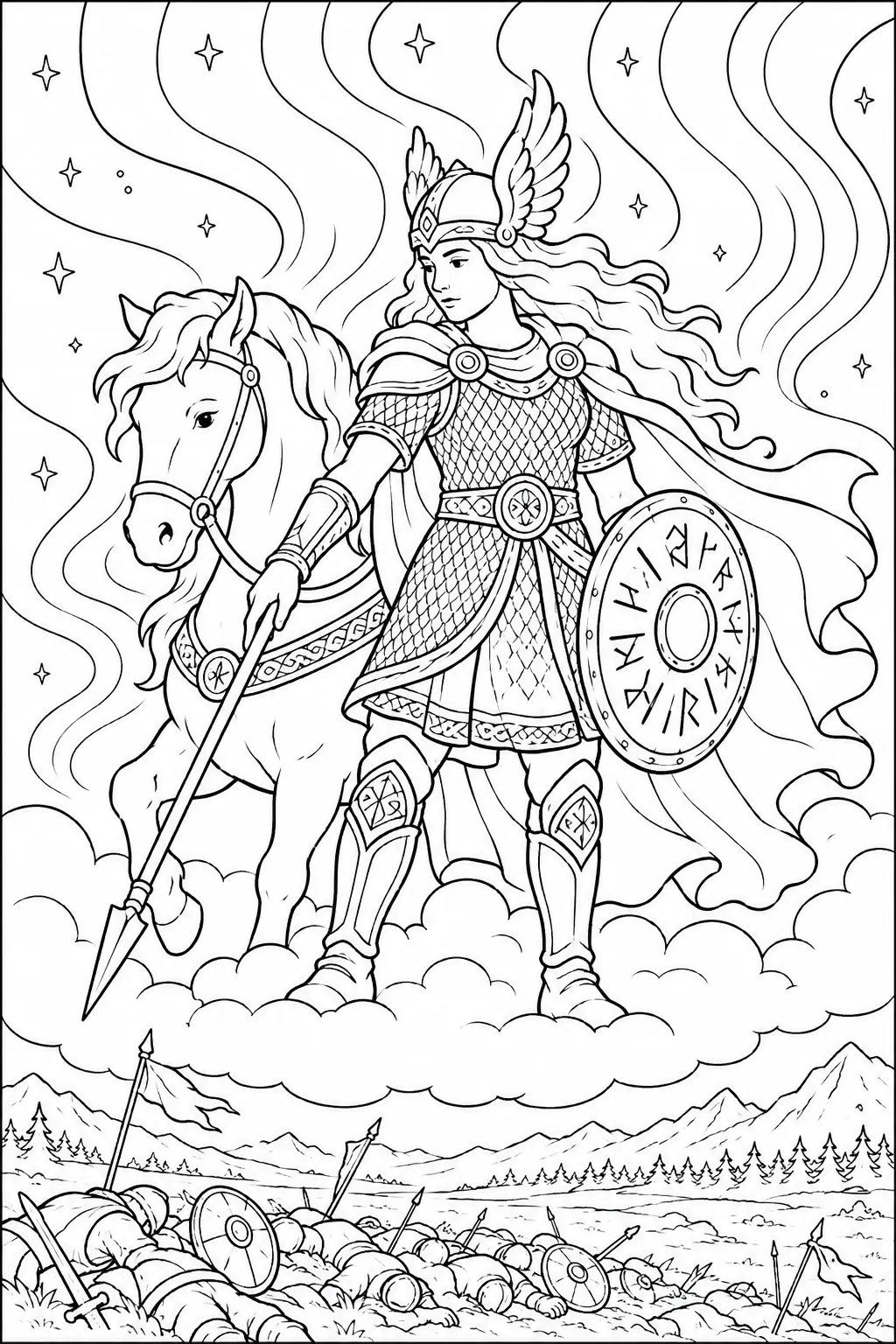 Coloring page: a Valkyrie in Norse armour standing on a cloud before the Northern Lights