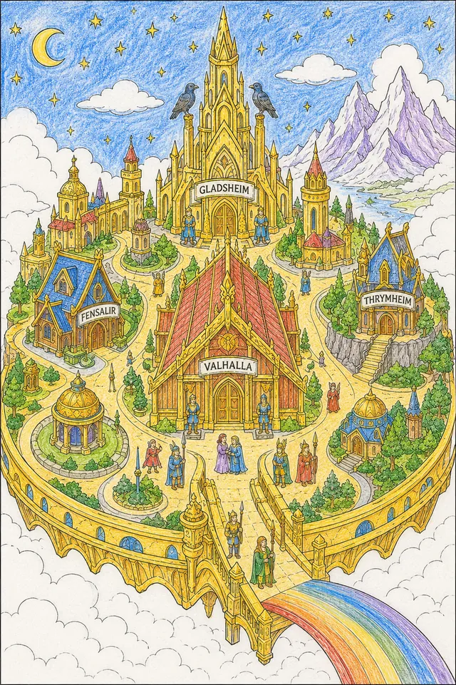 Ausmalbild: Panorama-Vogelperspektive auf die goldene Stadt Asgard mit ihren nordischen Götter-Hallen