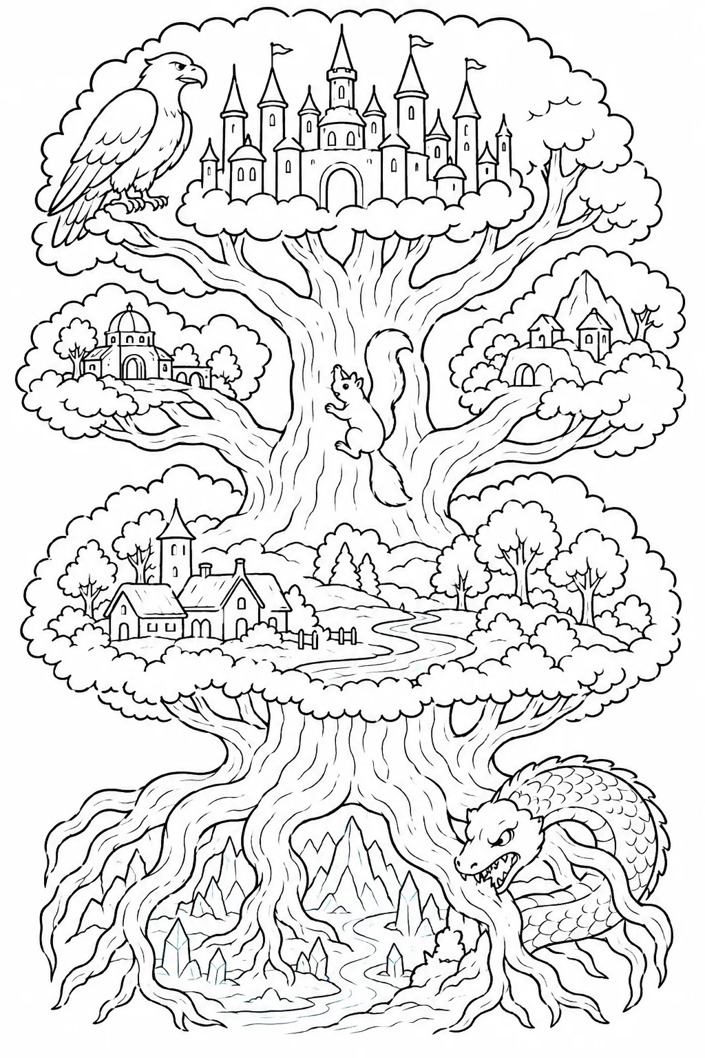 Ausmalbild: Der Weltenbaum Yggdrasil mit den neun Welten der nordischen Mythologie